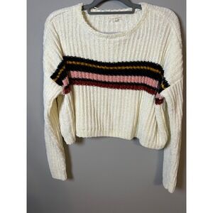 LA Hearts Chenille Cropped Sweater Cream White Multi Stripe Ribbed Knit Medium